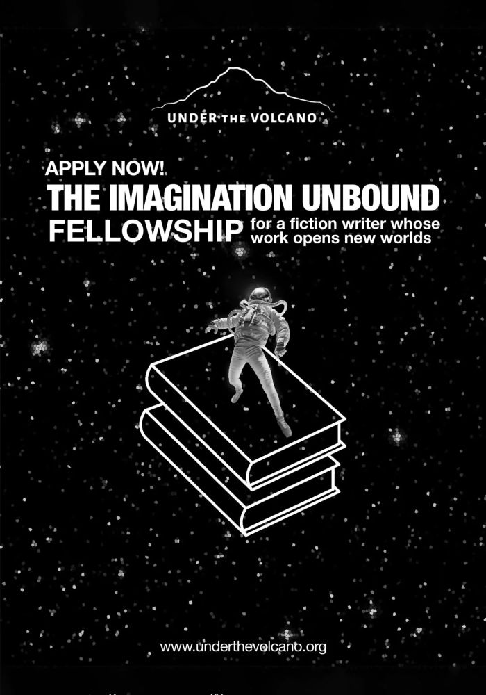 Black and white astronaut atop the outline of a stack of books against a starry background