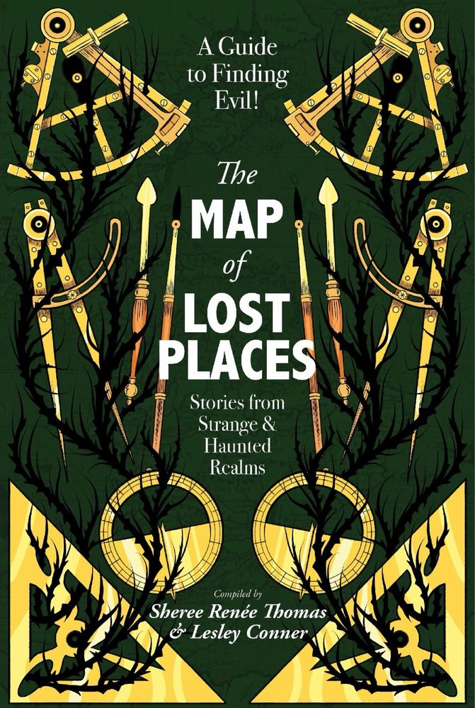 Green and yellow and gold compass and arrows with dark branches entwined, map making tools and twisting vines that evoke a dark forest 