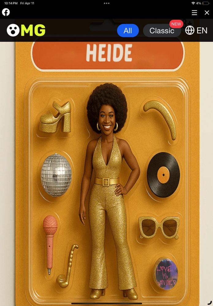 action figure: Black woman with afro, big gold hoops, sparkly gold jumpsuit. Her accessories: distorted disco ball, mic, gold-rimmed sunglasses, a record, one gold platform shoe, and two mystery items.