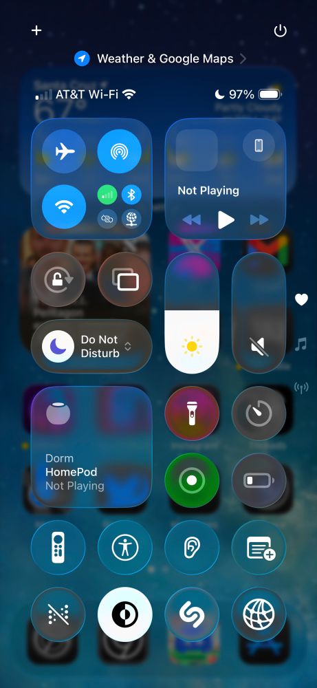 iOS 26 control center with default ui