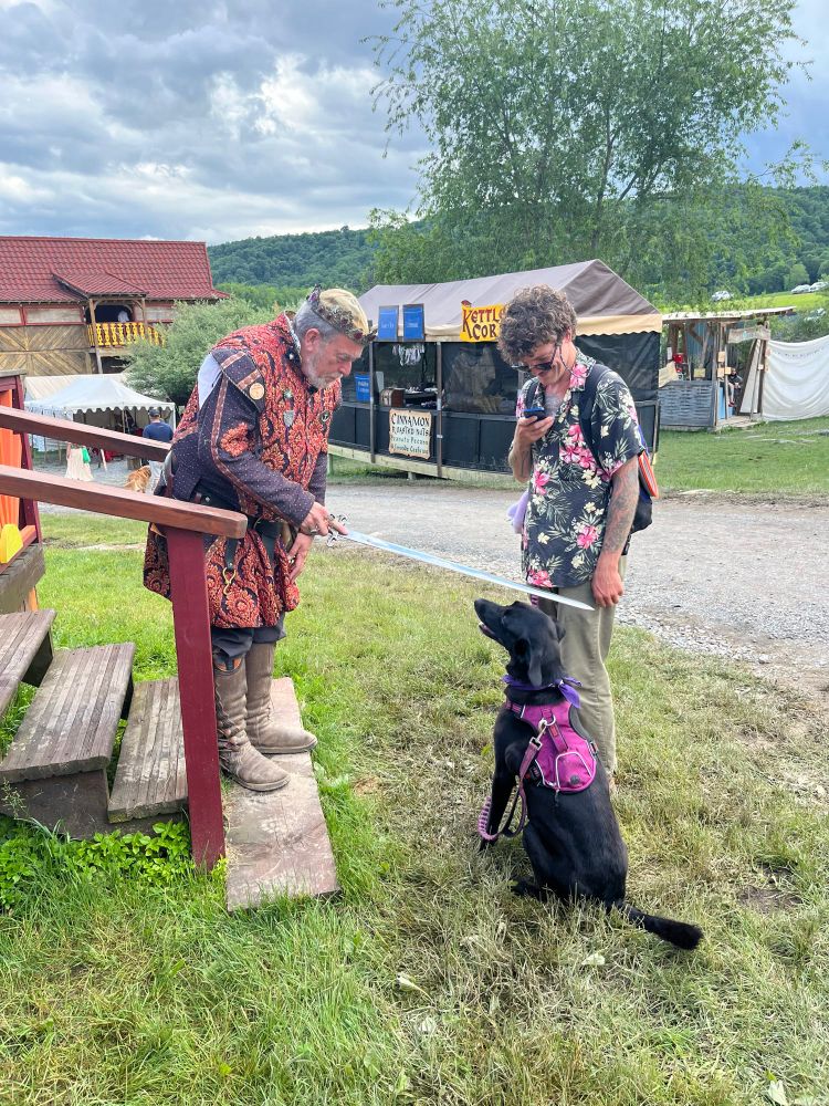 A man in a king costume holds a sword above the head of a black dog in a pink vest who is sitting very still, while a dude in a Hawaiian shirt takes her photograph. 