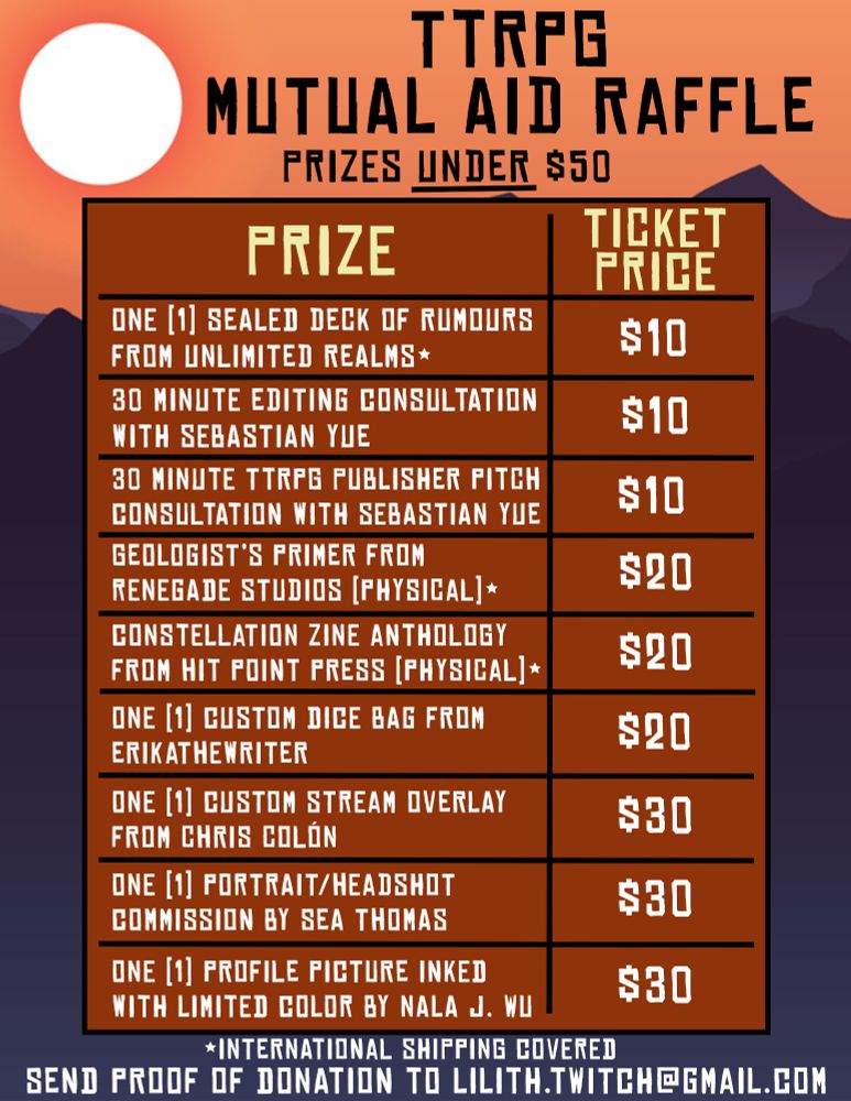 A graphic listing prizes with tickets under $50 for Andrew Souza's mutual aid raffle.