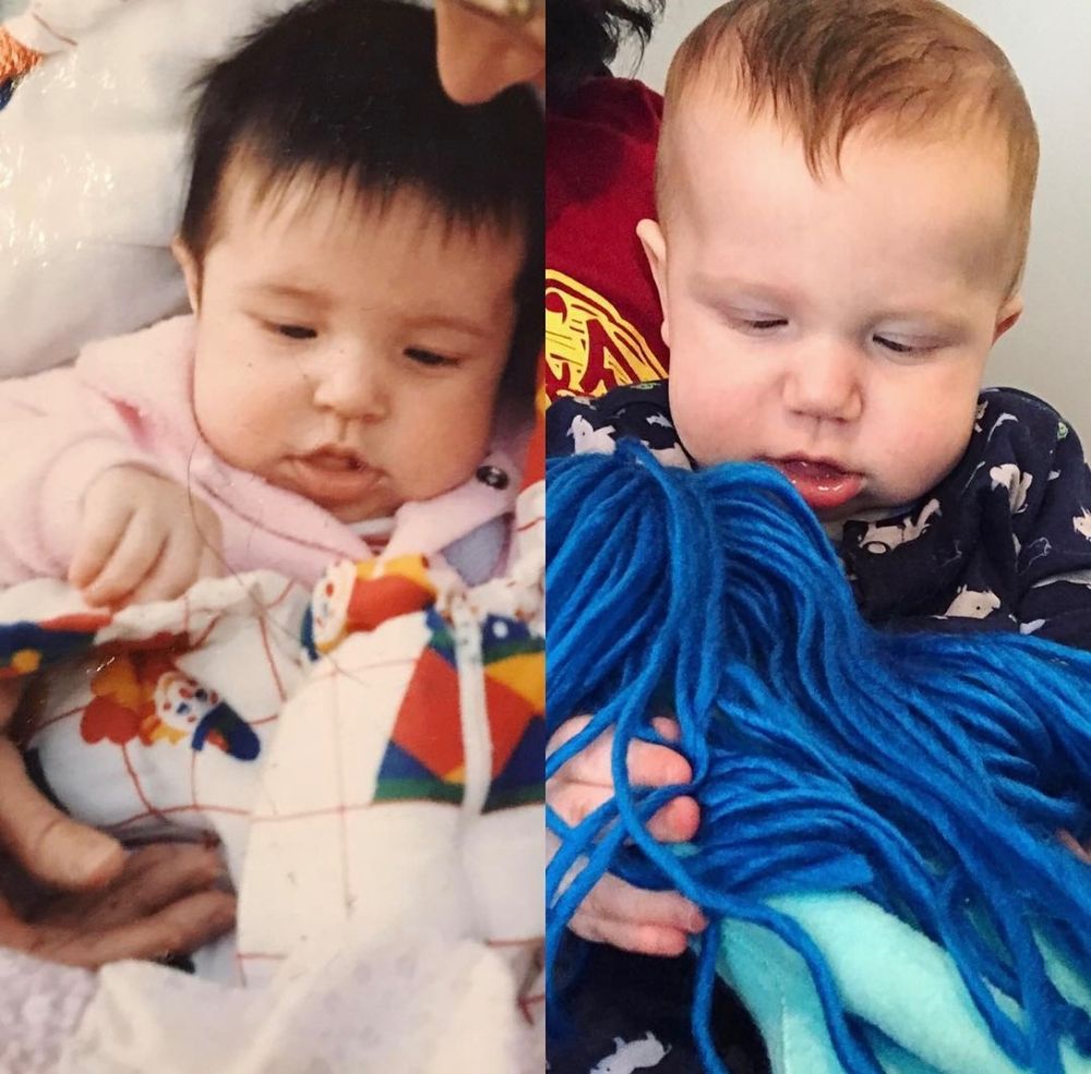 Baby picture of me next to a baby picture of A where we have the same face 