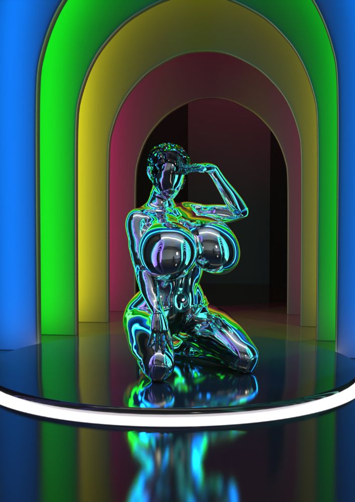 A chrome coloured Slutbot kneels in a corridor of rainbow coloured arches, its perfect shiny skin reflecting the colours around it in interesting ways, distorting them in its impossible curves. Its big round tits act like mirrors reflecting an observer looking at it