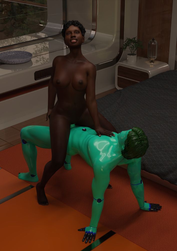 A black woman moans in pleasure as she rides a masculine Slutbot with green skin and hair, that is leaning back on all fours to allow it to act as a sex toy for her