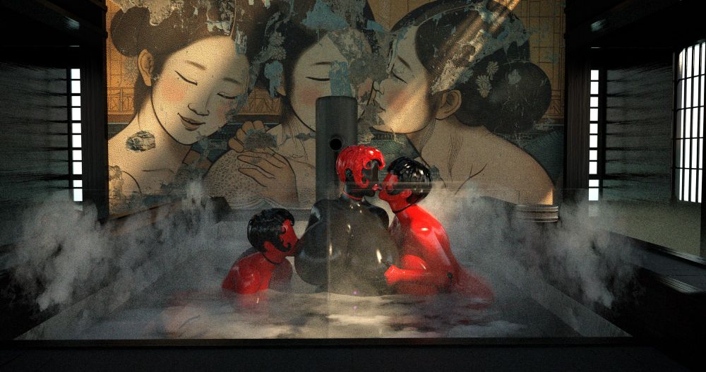 Three Slutbots bathe in an old rundown Japanese onsen, the one in the middle has black skin with red hair, lips and a choker around her neck. The other two have red skin with black hair, lips and chokers around their necks. The black one is turning to kiss the red one her left, who is reaching and caressing the black one's left tit. The red one on her right is knelt down in the water so just her shoulders up are visible, leaning in to kiss the black ones right tit. The poses are an over sexualized exaggeration of a mural of three asian women on the wall behind the onsen.