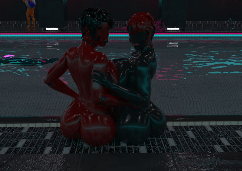 Slutbots T + K are two impossibly curvy latex Slutbot femme drones that sit on the side of a swimming pool, their backs facing the camera, each sat close enough to each other that their huge breasts are squished against the other.

Slutbot T is on the left and has red glossy latex skin with black lips and hair, along with a simple black choker around her neck. She is reaching down to place her hand on the small of Slutbot K's back.

Slutbot K is on the right and has black glossy latex skin with red lips and hair, along with a simple red choker around her neck. She is reaching up to hold onto Slutbot T's right arm above the elbow.

The pool has mostly black tiles around the outside, with the pool itself having white tiles. Two strips of neon lights in pink and blue run around the edge of the pool. On the opposite side of the pool from Slutbots T and K is a pink masculine Slutbot laying on its left side, head propped up with its left hand as it stares over the pool towards T and K. There is also an orange Slutbot femme carrying away a beach ball.

Vaguely visible under the water is a deep blue Slutbot with neon pink hair. Their form and identity is hidden.