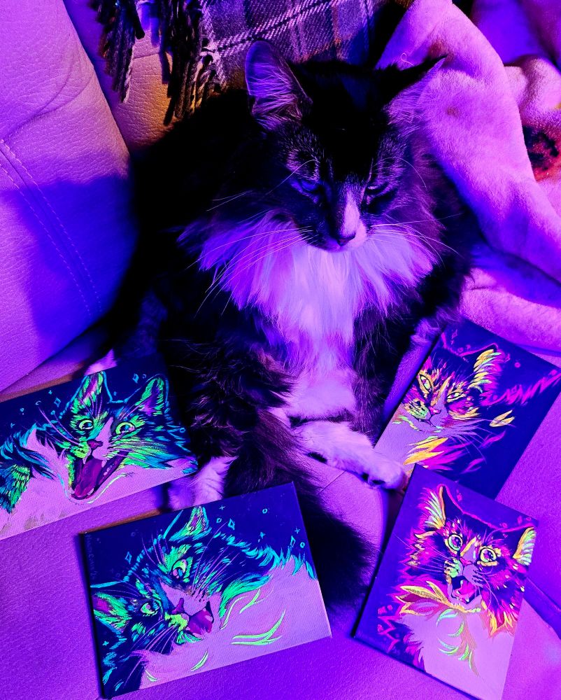 A lorg catto surrounded by four small paintings of himself that are glowing under a blacklight. He looks unimpressed