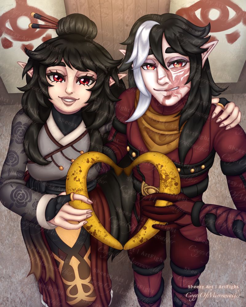 A digital drawing of a couple standing together holding bananas in the shape of a heart. Both are dressed in red attire.