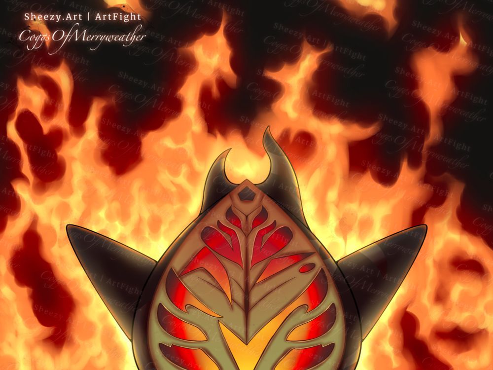 A small korok (from The Legend of Zelda) standing menacingly with his arms up in front of a fire. His leaf mask has several holes cut into it, showing the glowing fire fruit inside him.