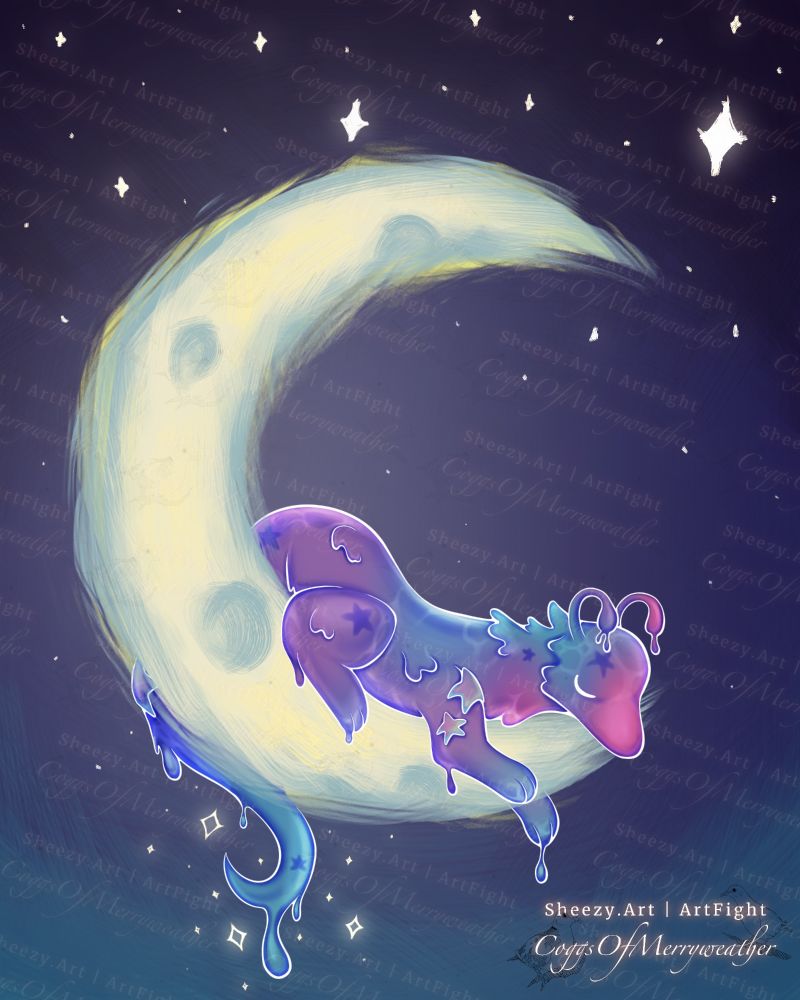 [DIGITAL DRAWING]
A jelly-like creature with shades of blue, pink, and purple sleeping on a large crescent moon. There are stars in the sky and around their tail.