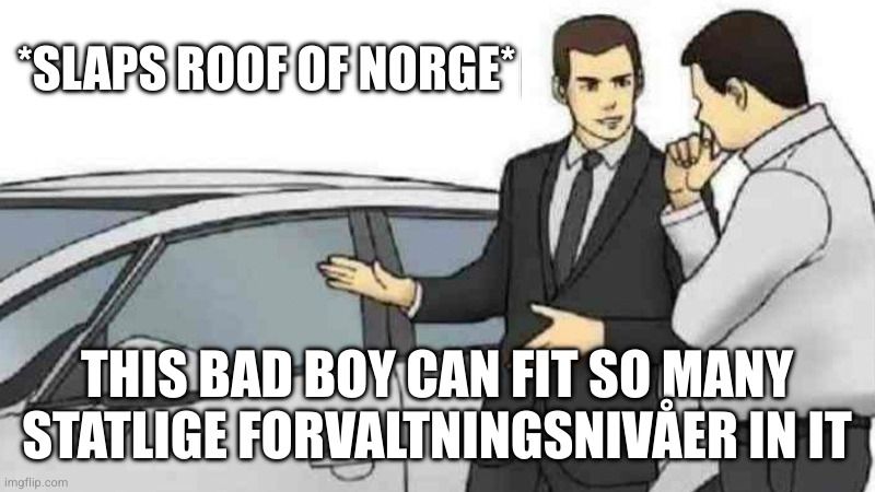 Tegning av to menn, en i dress og en i skjorte, som ser på en bil. Mannen i dress viser fram bilen til den andre mannen.

Teksten på bildet er "*slaps roof of norge* this bad boy can fit so many statlige forvaltningsnivåer in it" 
