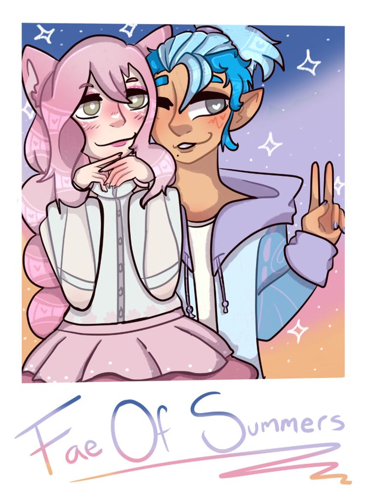 pink haired cat girl with long ponytail hair sectioned into balls, holding her hands under her chin in a cute white and pink outfit.
blue haired undercut having guy holding a peace sign behind her in a purple and blue jacket.

The background is a night sky with a sunset- blue to purple to pink to orange with white stars around the background
FaeOfSummers is read on the bottom as the signature. 