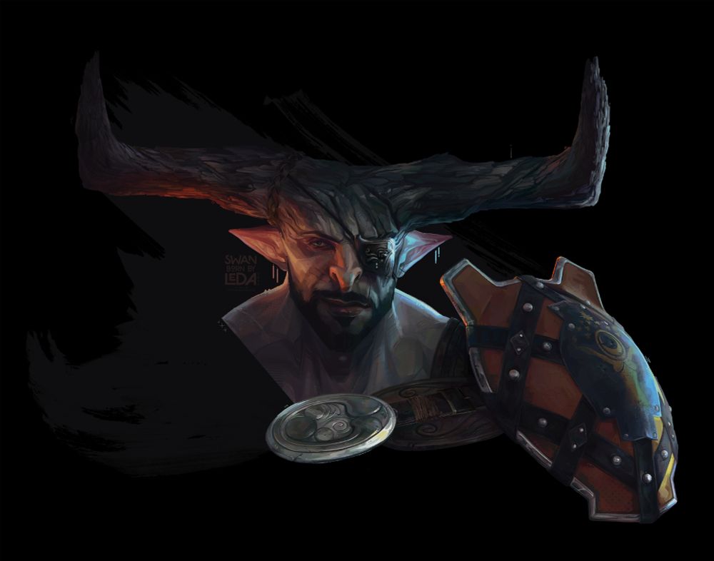  A painting of The Iron Bull from Dragon Age: Inquisition. He's painted against a black background, with a pale, grey ink blot arcing high and sharp behind him. The painting is cropped, cutting off at the line of his right shoulder, while still showing the decorative silver buckle and leather strap of his harness, and the full form of his orange, banded, buckler pauldron. There's a sigil of a nude, female figure with the head of a moon, and arms stretched high and wide on the pauldron's front swell. Above her are nine misshapen stars and one large bursting star above them all in a great arc. Though in the dark, he's lit from his left by blue moonlight, and from the right some undepicted fire. He wears two earrings to each ear, painted as single, graphic strokes, dangling in the negative space. He has a wry smirk, his eye is cast off to the side, looking somewhere off screen.