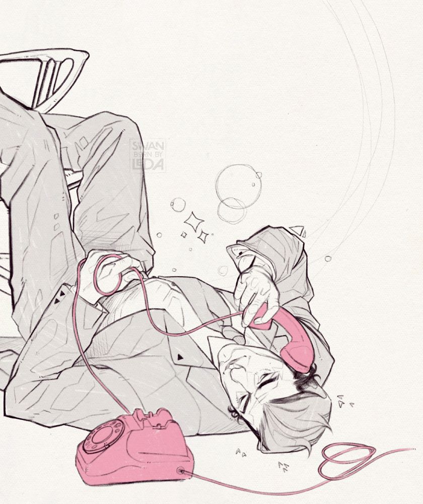 A page of black and white digital pencil sketches of Raphael from Baldur's Gate 3. In one drawing he's sitting in a tin trash can, his cheek propped against his fist while he looks off screen with little hearts doodled around him, and doodled horns above his head. In the other drawing he's lying on his back on the floor, his feet propped up on an ergonomic office chair while he twirls a pink rotary phone cord through his finger. The phone's cord spills out of frame, fallen in a heart form above his head. There are hearts and sparkles doodled around him. In both drawings he wears business suits