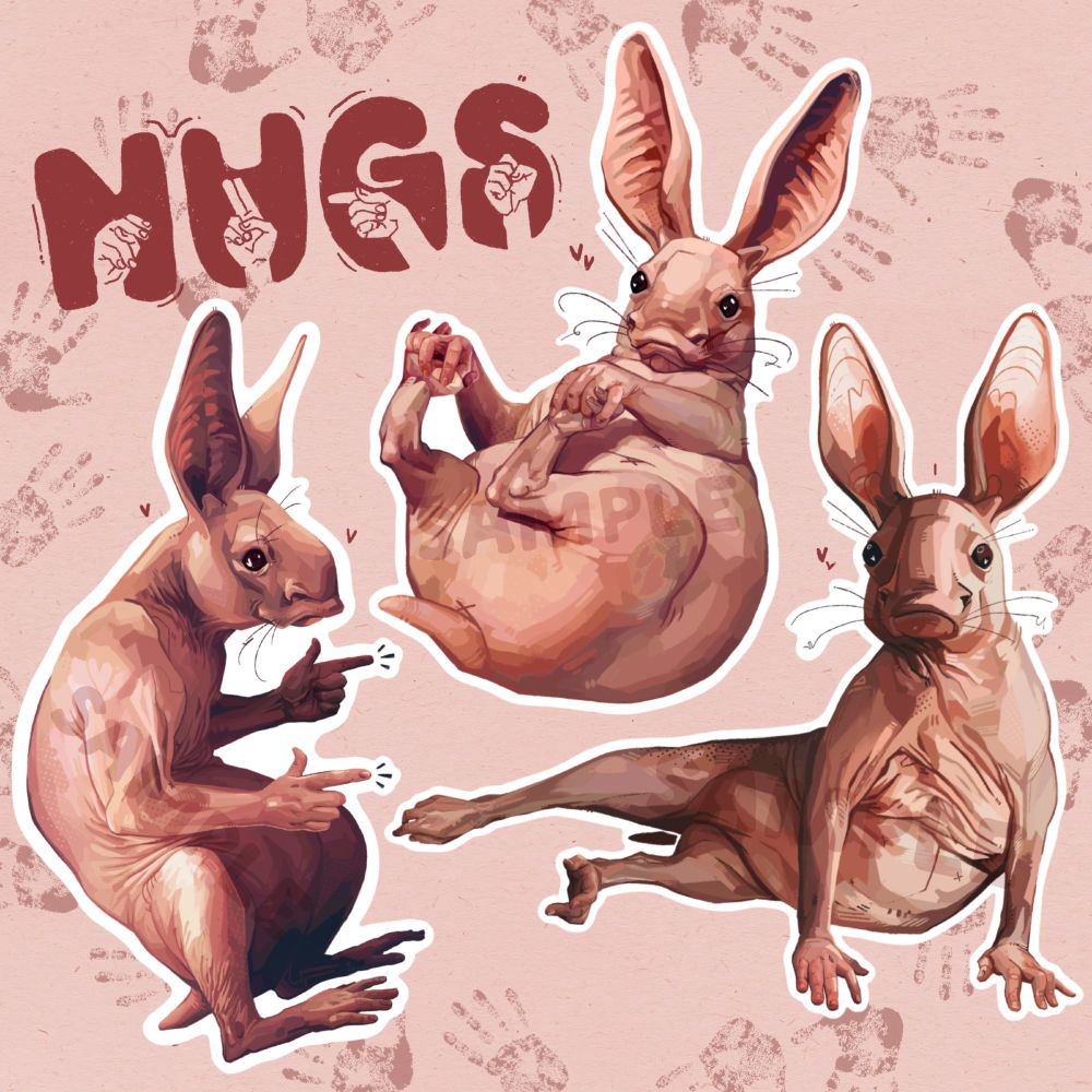 A promotional image of Dragon Age nug stickers. "Nugs" is spelled both with the traditional roman alphabet and with American Sign Language. 