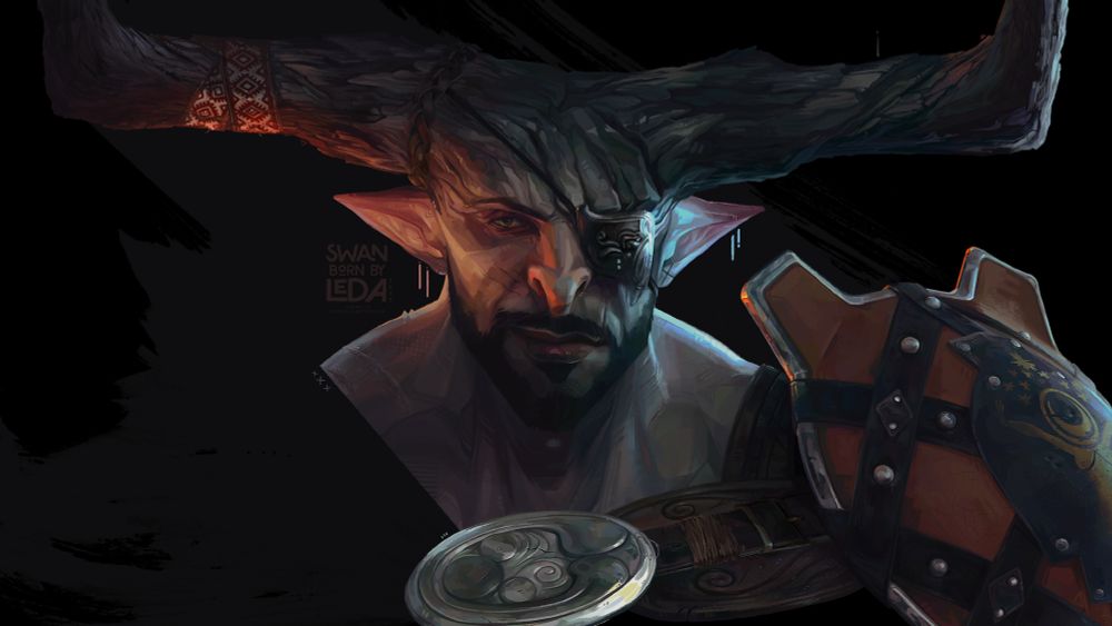  A painting of The Iron Bull from Dragon Age: Inquisition. He's painted against a black background, with a pale, grey ink blot arcing high and sharp behind him. The painting is cropped, cutting off at the line of his right shoulder, while still showing the decorative silver buckle and leather strap of his harness, and the full form of his orange, banded, buckler pauldron. There's a sigil of a nude, female figure with the head of a moon, and arms stretched high and wide on the pauldron's front swell. Above her are nine misshapen stars and one large bursting star above them all in a great arc. Though in the dark, he's lit from his left by blue moonlight, and from the right some undepicted fire. There's a patterned red and white ribbon tied around his right horn, and he wears two earrings to each ear, painted as single, graphic strokes, dangling in the negative space. He has a wry smirk, his eye is cast off to the side, looking somewhere off screen.