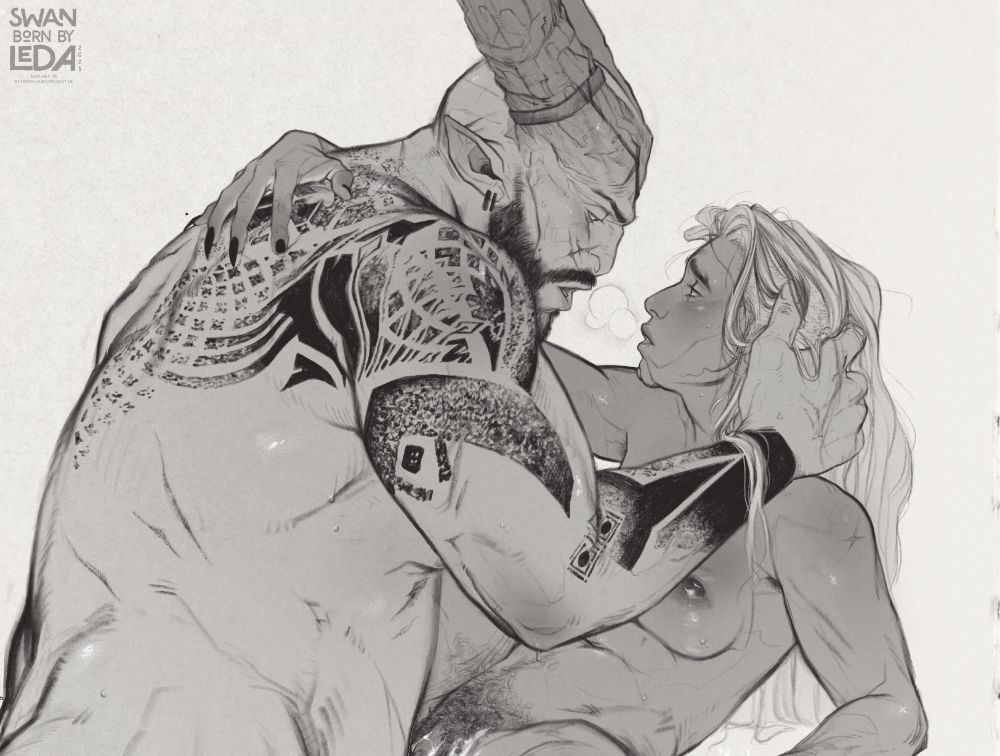 A couple are drawn in greyscale, holding one another in the midst of sex. Venhys, a white-haired, feminine figure, is hiked up on an undepicted surface, legs spread wide and arm braced against the flat of the surface as they lean back. Their face is wanton and plaintive as they stare at their partner. The Iron Bull is a large, masculine figure with broad, ox like horns and geometric tattoos that twine up his arm and across his back. He's slack-jawed and panting, but his eyes are more focused, staring back at Venhys. His hand pushes through Venhys' hair to cradle the back of their head, while Venhys' clawed fingers press into the meat of Bull's shoulder, half to hold himself upright. Both figures are littered with scars. The piece cuts off just at the crest of Venhys' pubic mound, showing just a bit of the thick, dark pubic hair, the cum smeared and dripping there, and the root of a thick, swollen clit. 