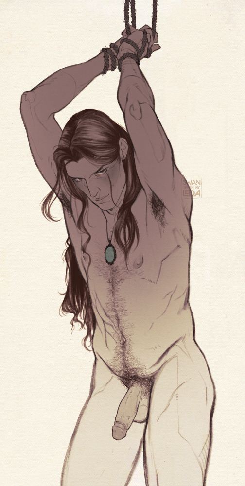 A nude man stands with his wrists bound by rope above his head. He's leaned forward, looking up from under the shadow of his brow at the viewer. His long, red hair falls loosely behind him. His middle has three long, deep scars. He wears a large, green pendant on a necklace.