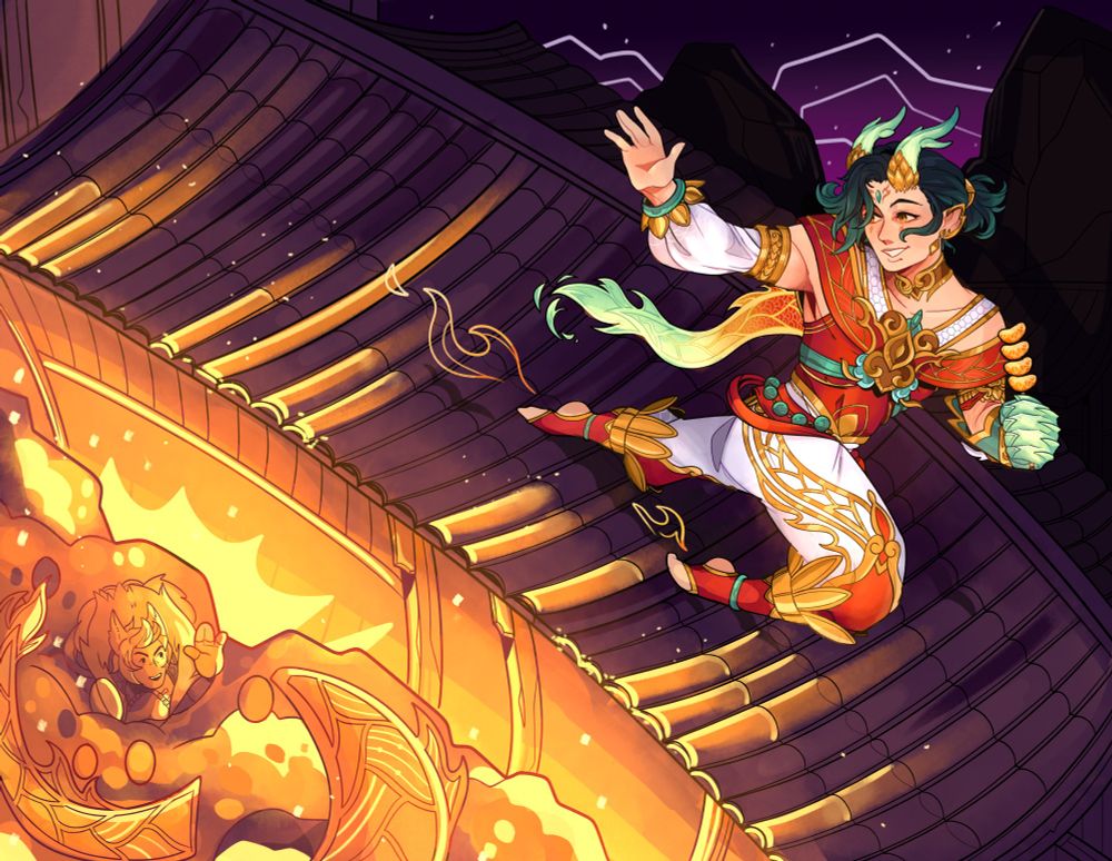 Ezreal, a young man wearing ornate red and gold ceremonial clothing that features dragon motifs, dashes across a dark roof top— orange slice tanghulu in hand. He looks down and waves at a crowd that illuminates a golden hue from the streets below.
