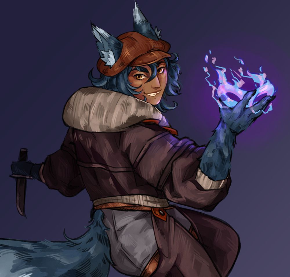 Image is of a young man with fox-like features such as pointed ears, a bushy tail, and dark fur that covers his forearm. In his right hand, he holds glowing-blue mask that illuminates against his face and closes. In his extended left hand, he holds a dagger down towards the ground. The young man looks over his shoulder towards the audience with a devious grin.