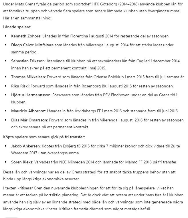 Detta är en summering från chatgpt som visar lån och en del köp under tiden Mats Gren var sportchef i IFK Göteborg