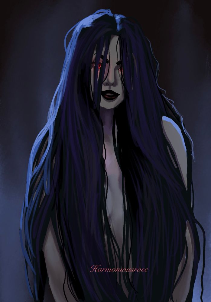 Creepy woman with long black hair covering her nude breasts. She has glowing red eyes. 