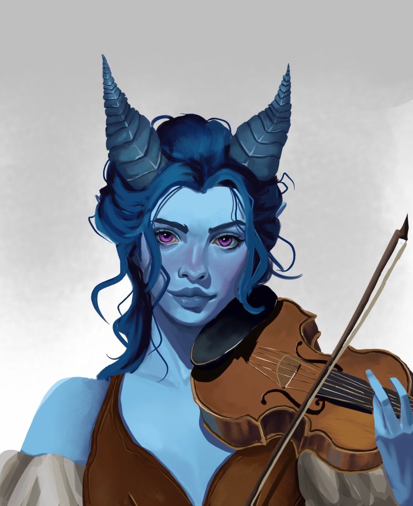 Blue female Tiefling with violet eyes playing the violin. 
