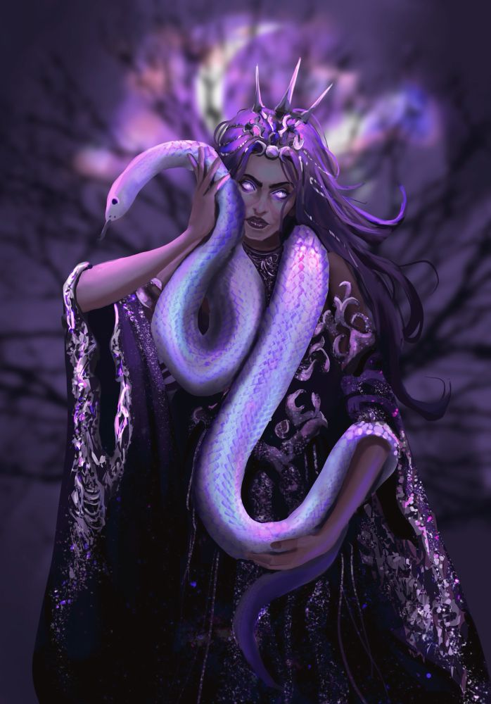 Goddess Hecate. She’s got purple moonlight. Her clothing is adorned in silver. She has a headdress. She carries an opalescent snake. 