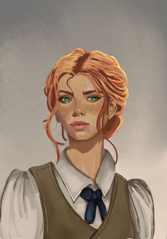 Female with red hair and green eyes dressed in older clothes. She has freckles.