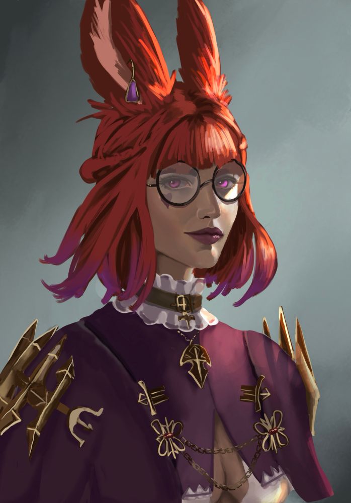 Female with red bunny hair and bunny ears. She has purple eyes and glasses. She was a purple shoulder covering with gold. 