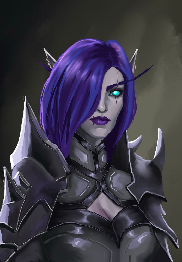 Purple haired elven female with dark grey armor. She has scars and a glowing blue eye. 