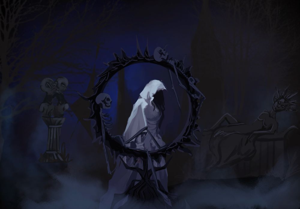 Woman cloaked in white walking through a courtyard with creepy statues. There’s fog around her. 