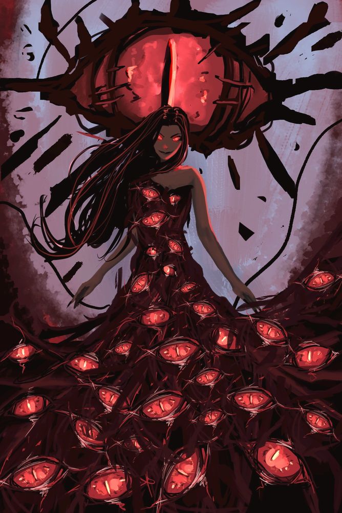 Eldritch goddess with giant eye behind her and creepy eyes throughout her dark dress. This picture is the cover art for the book Shocking Revelations by Daniel Gower. 
