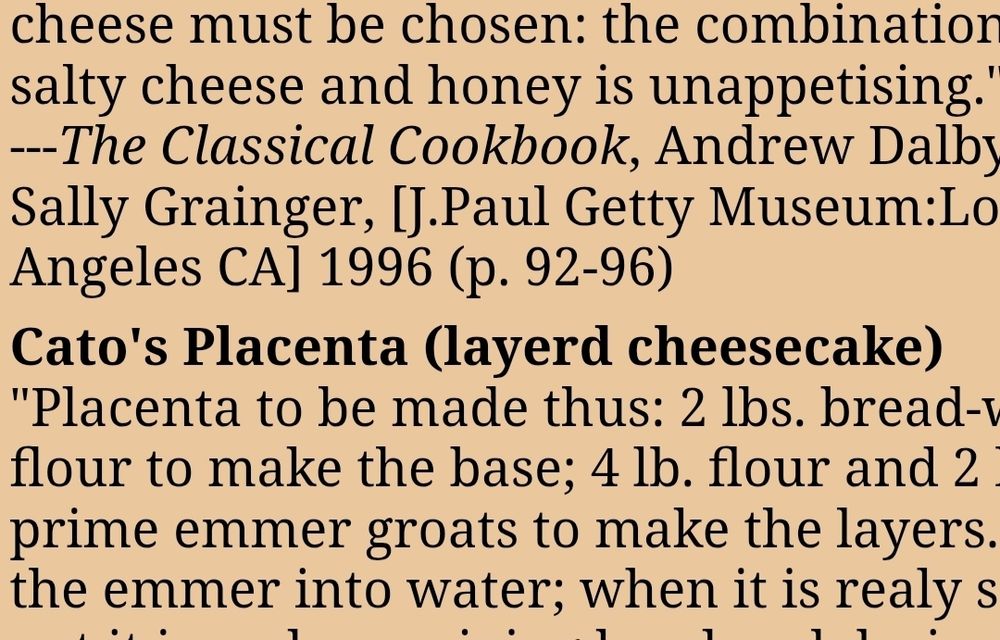 Zoomed in on a recipe below the ancient Roman cheesecake recipe that is titled 