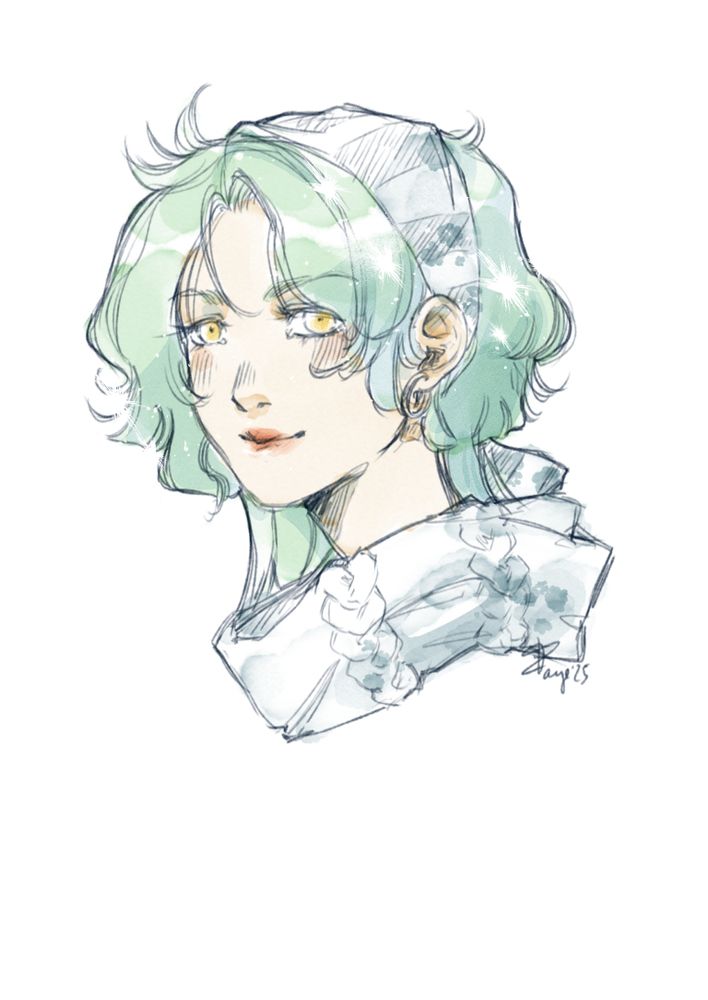 Boceto de retrato de Lana, una chica co-protagonista de cierta historia nuestra. Tiene el pelo escalado color verde turquesa y los ojos almendrados en tono miel. Tiene una sonrisa con cierto toque pícaro en el dibujo.