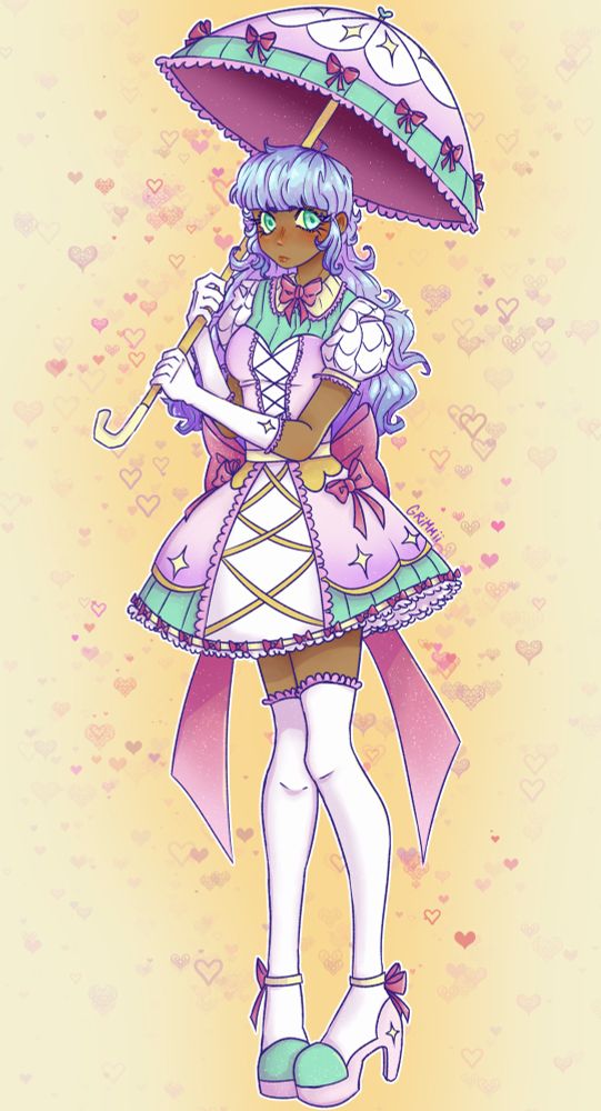 Digital drawing of a girl with a pink parasol and pastel dress and purple hair. 