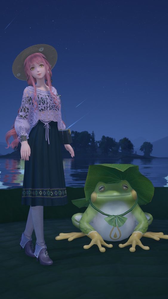 Nikki and the captain of the lillypad at night! A distand island in the background.