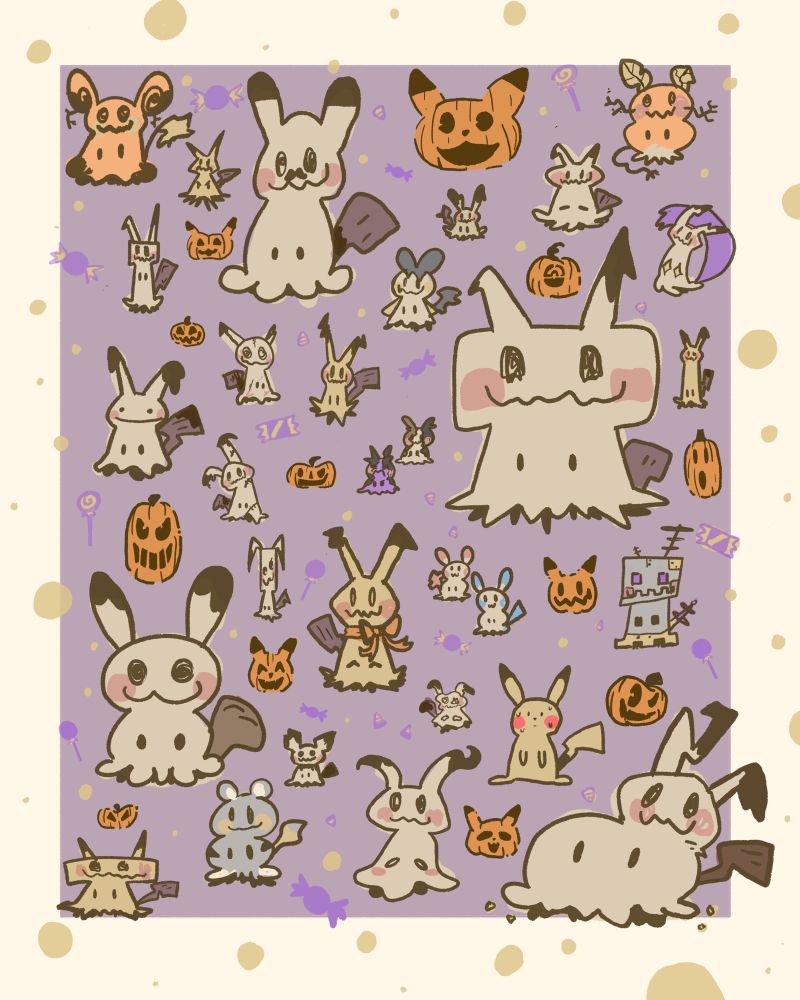 An illustration of many Mimikyus (from Pokemon) of various shapes and sizes. The background is a light purple with a white boarder, with Jack-o-lanterns, yellow dots and purple candies placed randomly around the image between the Mimikyus.