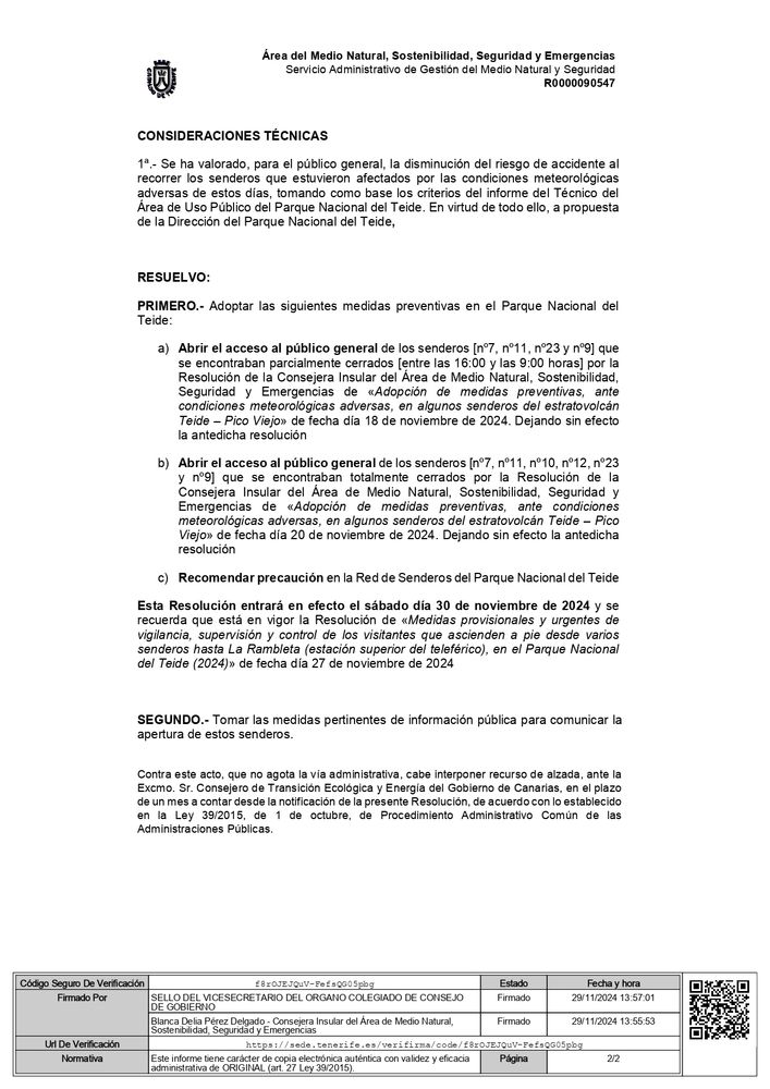 RETIRADA DE MEDIDAS PREVENTIVAS ANTE MEJORA DE LA TRANSITIBILIDAD DE LOS SENDEROS DEL ESTRATOVOLCÁN TEIDE-PICO VIEJO