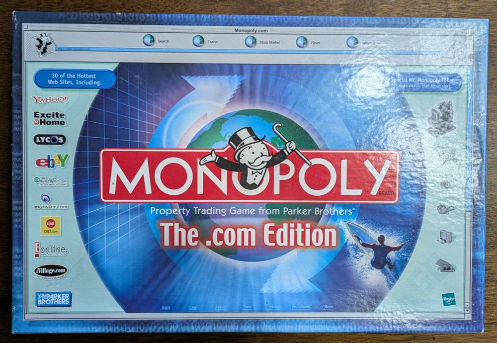 Cover of Monopoly: The .com edition. Cover is designed in the style of a web browser, with classic dot-com bubble companies (Excite, Lycos, eBay, monster.com, cNet, iVillage) listed to the left and photos of the themed player tokens on the right. 

It is as kitschy as it sounds.
