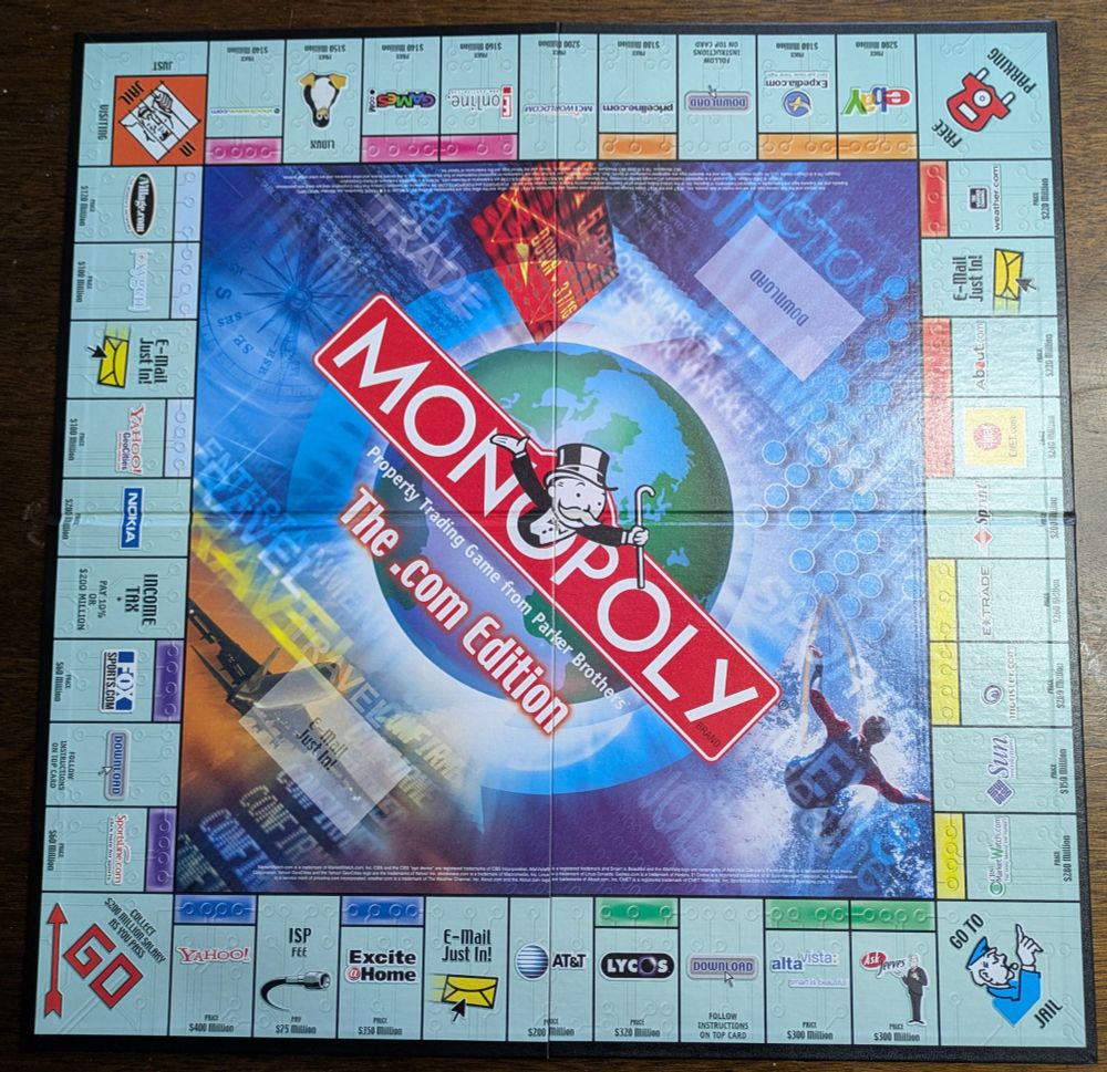 Photo of Monopoly board, with standard properties replaced by bubble companies. Highlights include GeoCities, MCI Worldcom, Nokia, AltaVista, Lycos, and Ask Jeeves.