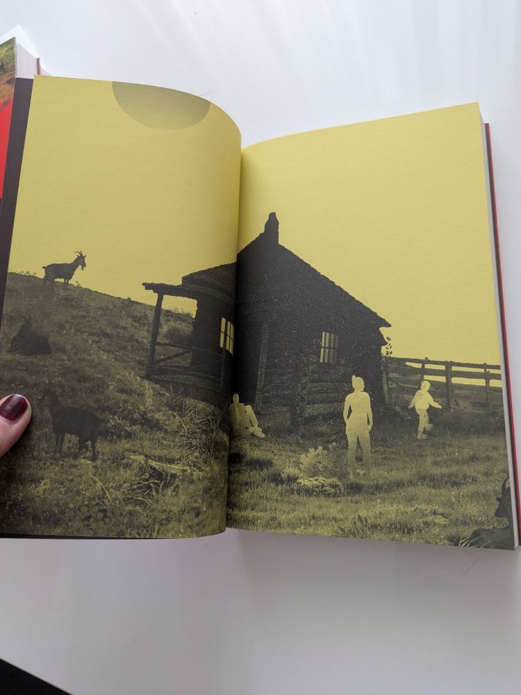 Al abrir el libro hay una página de color negro y, después, estas dos, que forman juntas el mismo dibujo de la cubierta, salvo que en negro sobre amarillo, y en su posición normal.