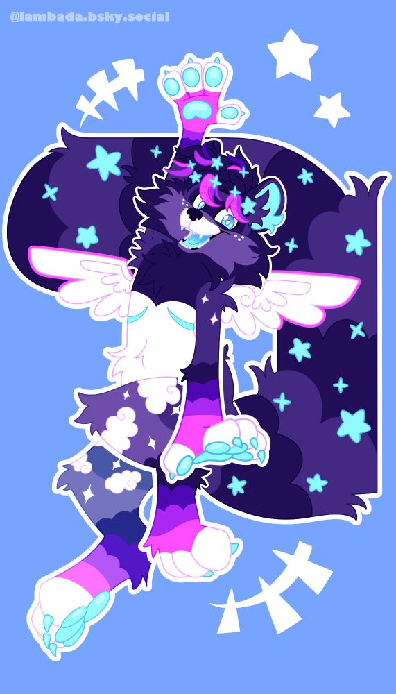 An anthro raccoon with purple, magenta and electric blue colors. their huge tail and their hair are decorated with blue star accessories. #furry #furryart #sfwfurry #artfight2025 #raccoon #anthro #artfight