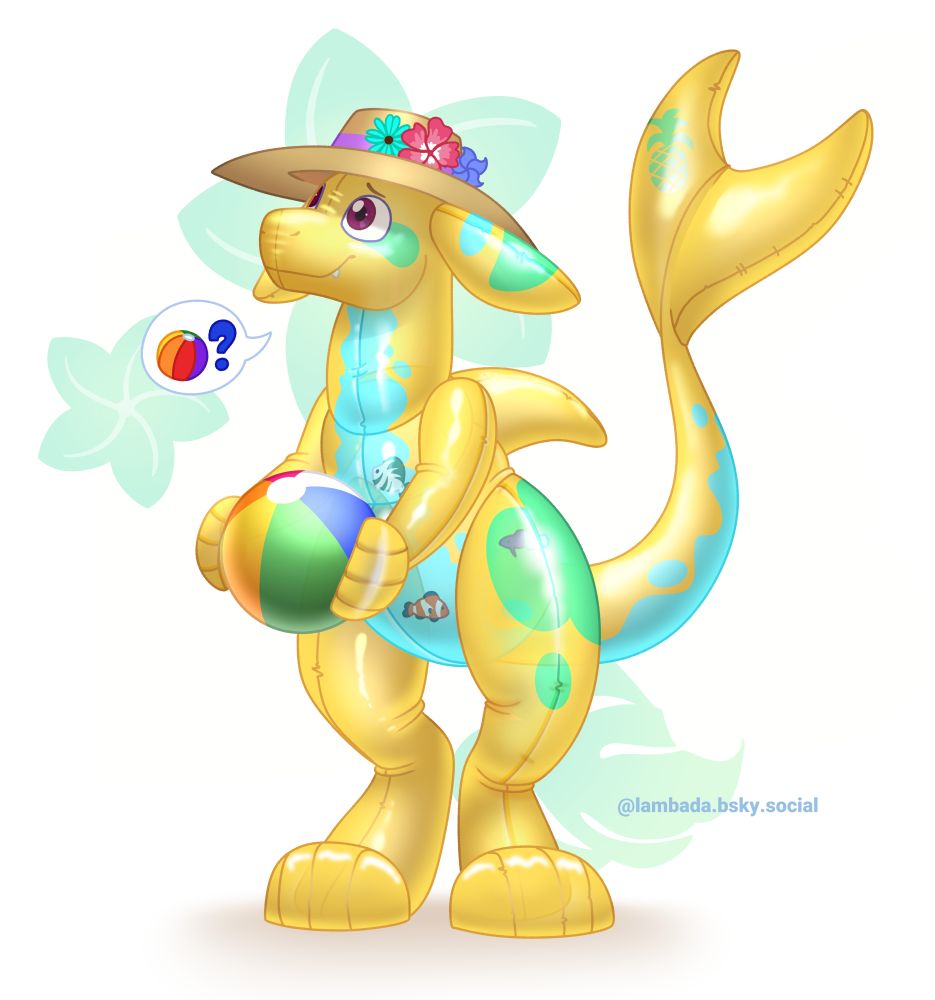 a digital drawing of a pooltoy marine anthro character, with a yellow body and turquoise patterns of waves. she's carrying a beach balloon and looks like she wants to play!