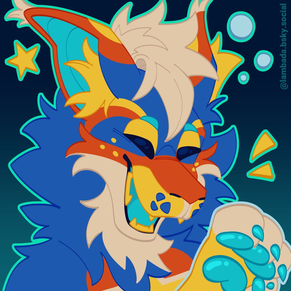 a profile picture of a manokit, a dog and shark hybrid. he has blue, orange and yellow fur, and bubbles near him seem to indicate he's underwater. #manokit
