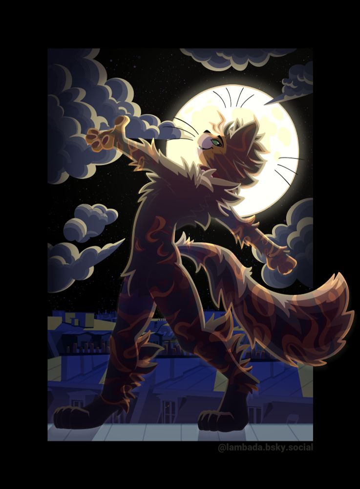 an anthropomorphic cat on a roof in a ballet dance post, the roofs of a city (probably Paris) are seen behind him. the moon looks like an areola around his head. #furry #furryfandom #artfight2025 #cat #commsopen