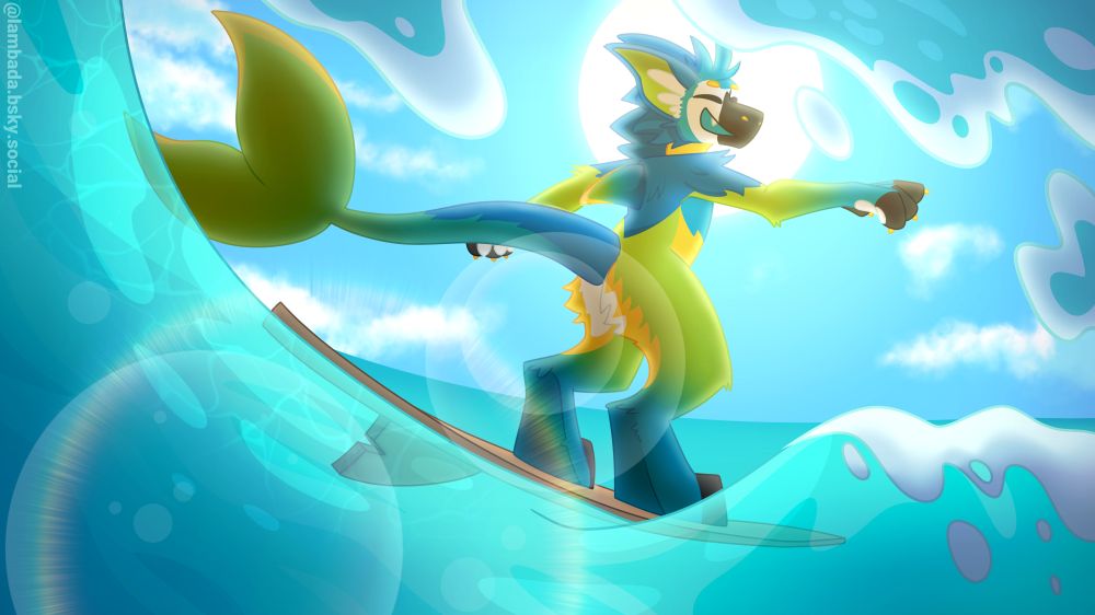 #digitalart of a #manokit surfing in a turquoise ocean, the sun is behind his head and almost looks like a halo