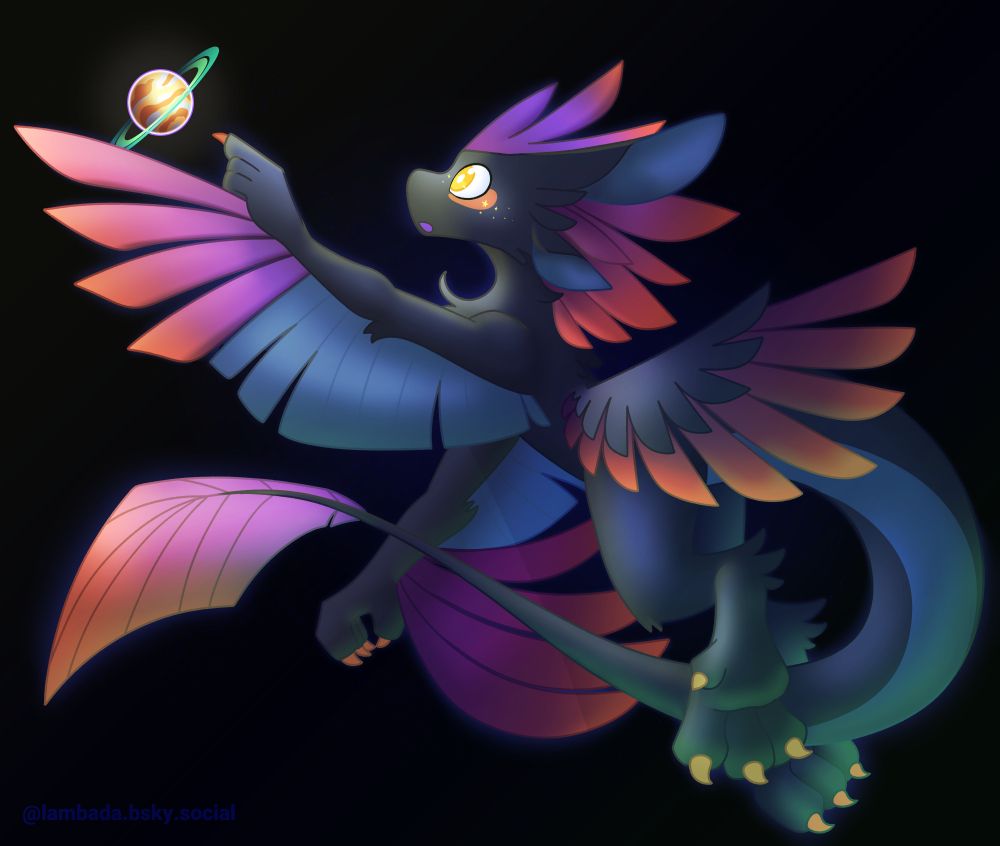 a digital drawing of an avali, an avian-like alien furry species, floating in space. they're reaching their arm to touch a planet the side of their hand, curious