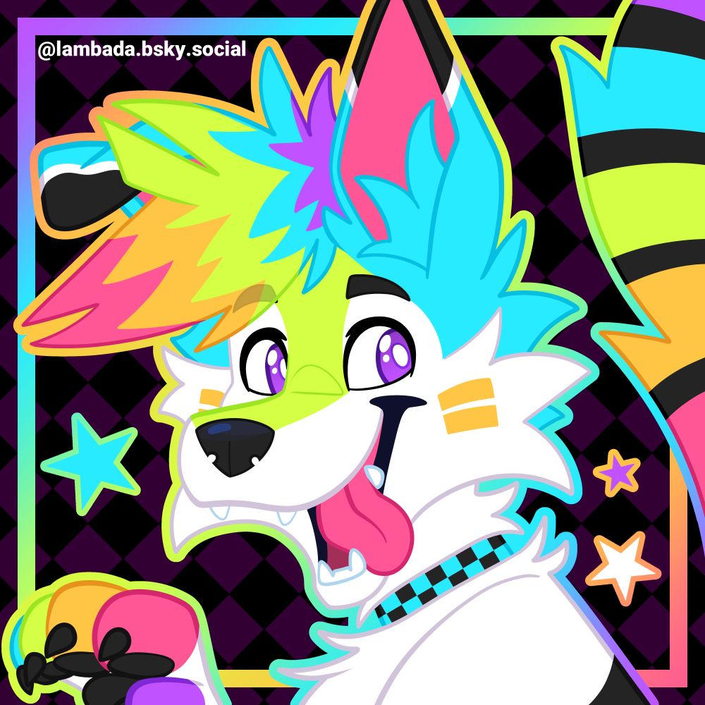 a profile picture of a sparkle dog, aka a very colorful scenecore dog. he has bright rainbow colors and a blue and black checker #sparkledog #dog #canine
